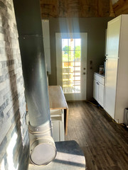 Tiny house for sale – on skids (12x24ft) 95% Finished, Blue, with small porch