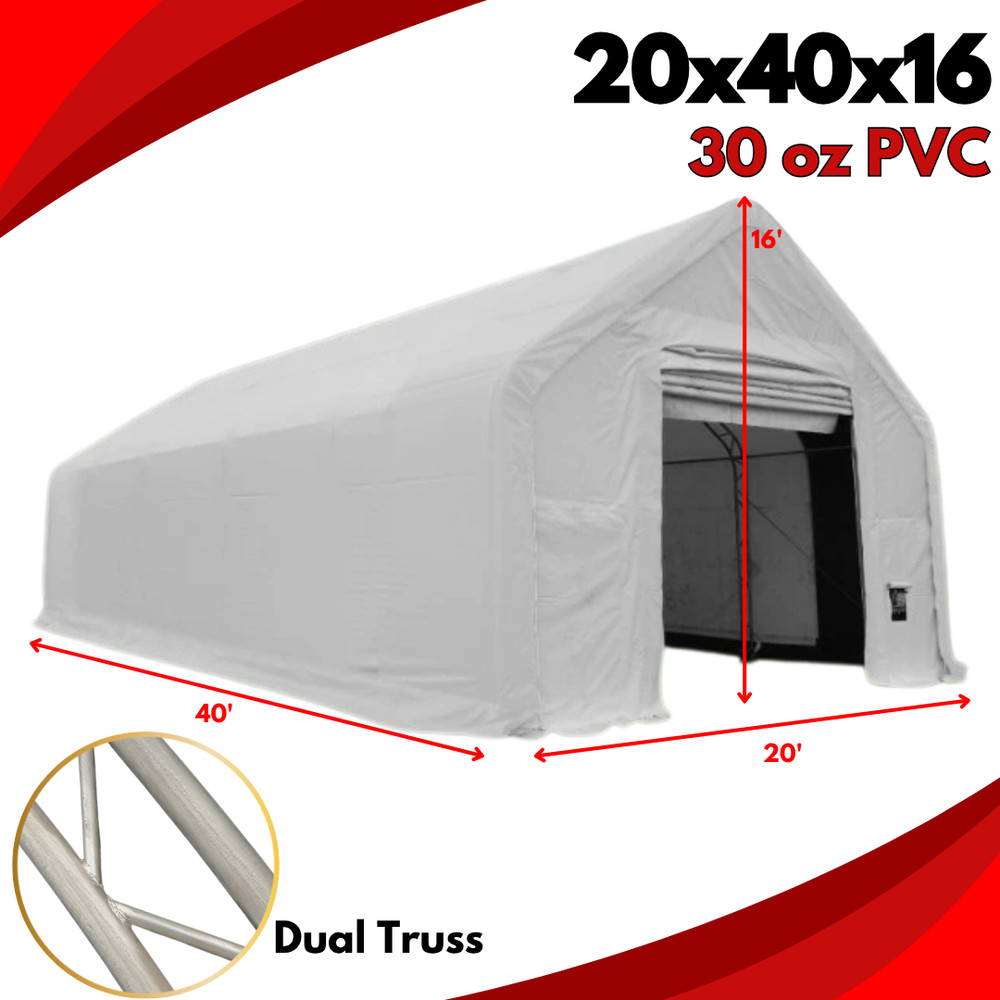 20’x40’x16′ HEAVY DUTY Dual Truss 30 oz PVC Fabric Storage Building* PRESELLING*