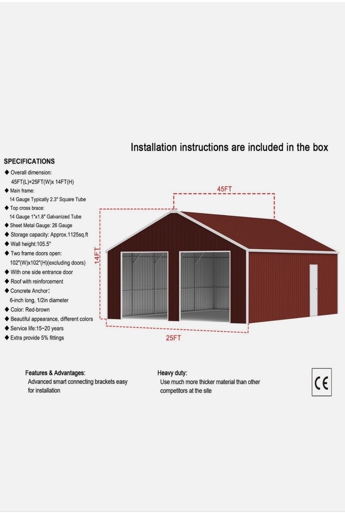 45′ x 25′ x Metal Car Garage/Outdoor Storage Shed Galvanized Steel Barn Dark-Red