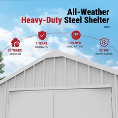 12’x20′ Prefabricated Steel Garage Shed,Heavy Duty Carport with Doors White KJ