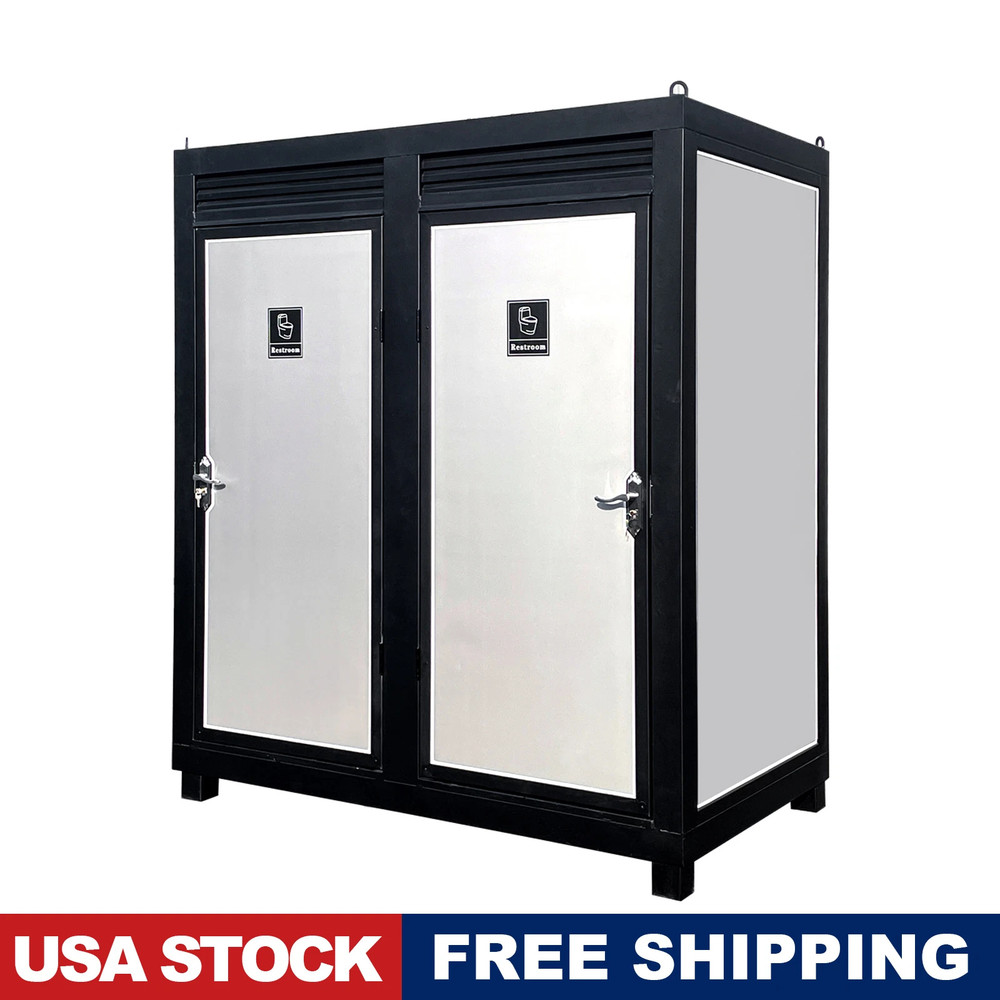 2-Stall Outdoor Portable Restroom Cabin Dual Toilet with Sink, Light & Vent Fan