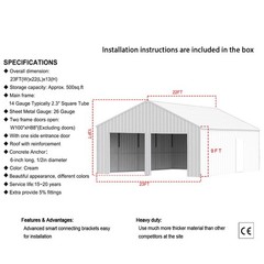 22′ x 23′ Double Garage Steel Barn Shed Outdoor Heavy Duty Carport Storage Shed