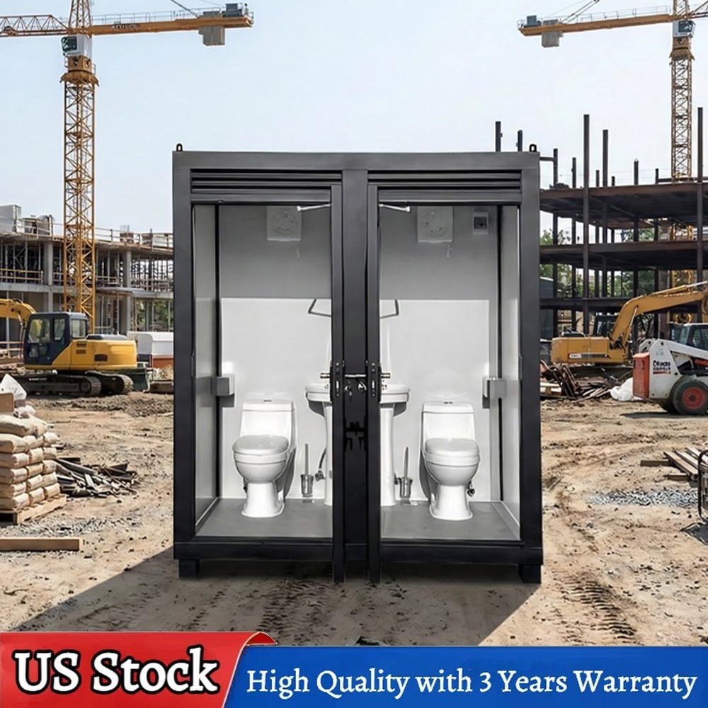 Outdoor Dual Restroom 2-Stall Portable Mobile Toilet w/ 2 Sinks Bathroom & Fan