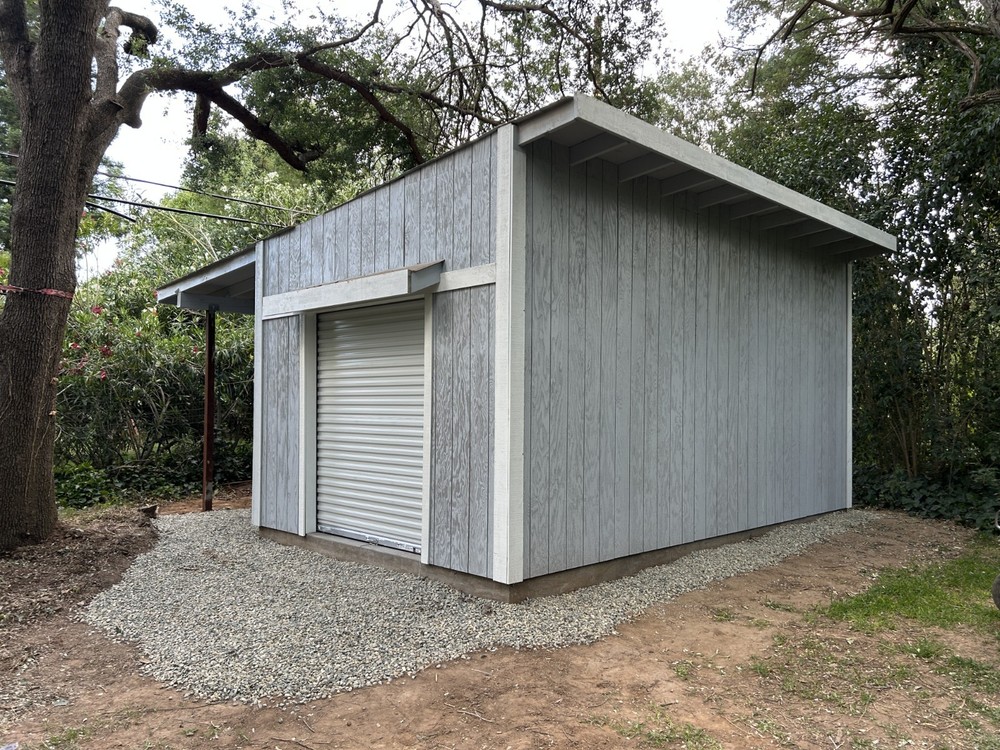 Contemporary Car Garage, Roll-Up Door, Covered Side, Wood Metal, Gray Exterior