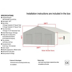 39×39 Metal Barn Heavy-Duty Steel Building w/ 3 Rolling Doors Garage Shed