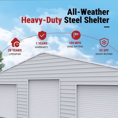 39x39x15 Metal Barn Garage Steel Building Workshop with 3 Doors Galvanized White