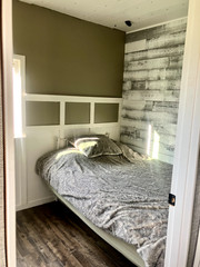 Tiny house for sale – on skids (12x24ft) 95% Finished, Blue, with small porch