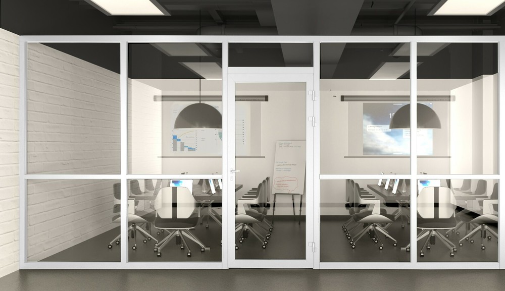 CGP Office Partition System, Glass Aluminum Wall 17’x9’ w/Door, WHITE SEMI