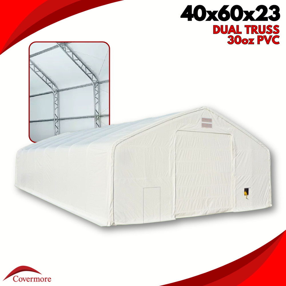 40’x60’x23′ HEAVY DUTY Dual Truss 30 oz PVC Fabric Storage Building