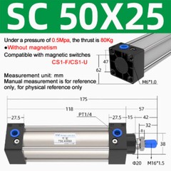 SC50mm Bore 25~200mm Stroke Single Rod Double Action Pneumatic Air Cylinder 1pcs