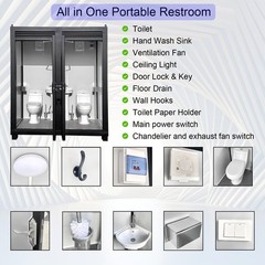 2-Stall Outdoor Portable Restroom Cabin Dual Toilet with Sink, Light & Vent Fan