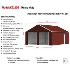 22FT x 23FT Steel Barn Shed – Double Garage Storage, Galvanized Structure,
