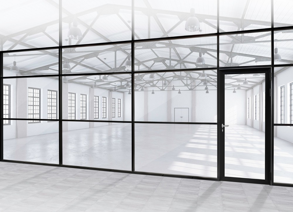 CGP Office Partition System, Glass Aluminum Wall 19′ x 9′ w/Door, Black Painted