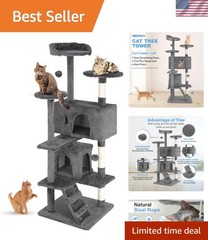 54″ Cat Tree Tower | Light Gray | Multi-Level Indoor Activity Center with Sis…