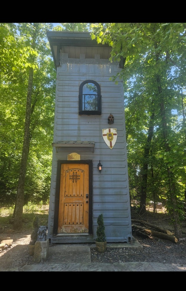 Two-Story Tower-Style Prefab Building Structure w/ Wood Door, Gray, 2 Stories