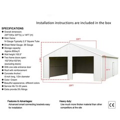 33x25FT Outdoor Garage Barn Shed Galvanized Steel Carport Storage Shed w/2 Doors