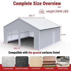 33’x 25’x 14′ Metal Car Garage/Outdoor Storage Shed/Heavy-Duty Steel Barn White