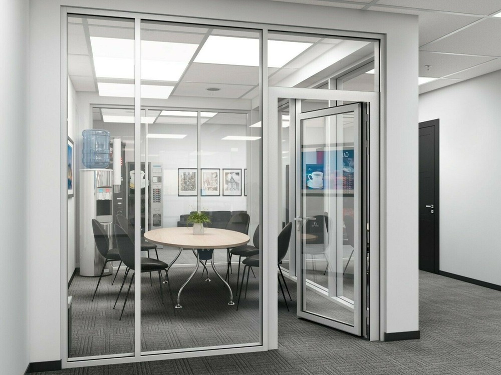 CGP Office Partition System, Glass Aluminum Wall 19′ x 9′ w/ Door Clear Anodized