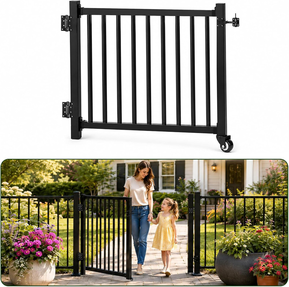 Deck Gate with Wheels, 36In. H X 4Ft. W Black Heavy Duty Steel Anti-Rust Fence D