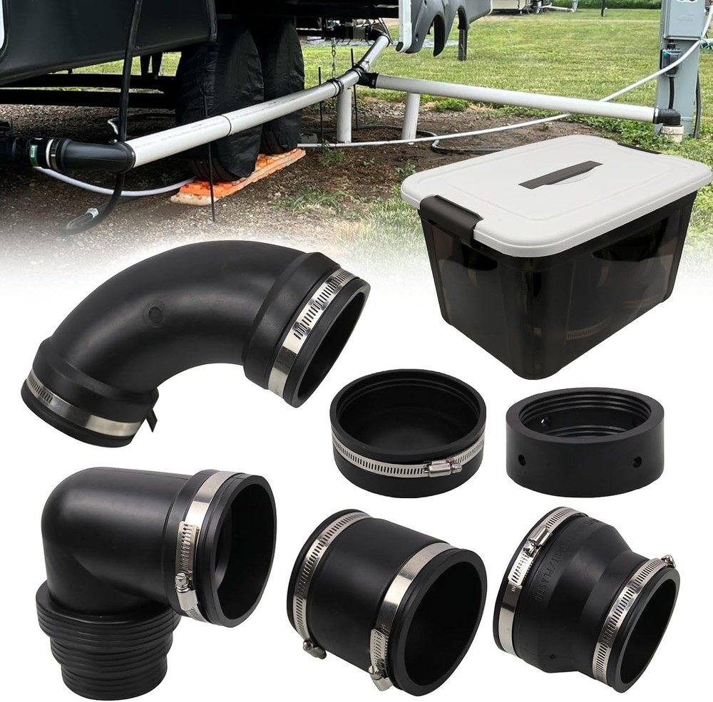 RULLINE RV and Camper Sewer Waste Plumbing Connection System 6PCS SET, Black