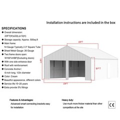 22′ x 23′ x 13′ Metal Car Garage/Outdoor Storage Shed Galvanized Steel Barn