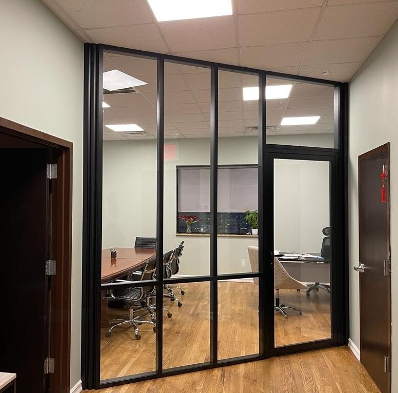 CGP Office Partition System, Glass Aluminum Wall 11′ x 9′ w/Door, Black Color