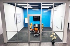 CGP Office Partition System, Glass Aluminum Wall 14′ x 9′ w/ Door Clear Anodized