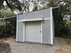 Contemporary Car Garage, Roll-Up Door, Covered Side, Wood Metal, Gray Exterior