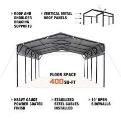 20’x20′ Steel Carport, 10′ Open Sides, 400 Sq-Ft
