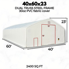 40’x60’x23′ HEAVY DUTY Dual Truss 30 oz PVC Fabric Storage Building