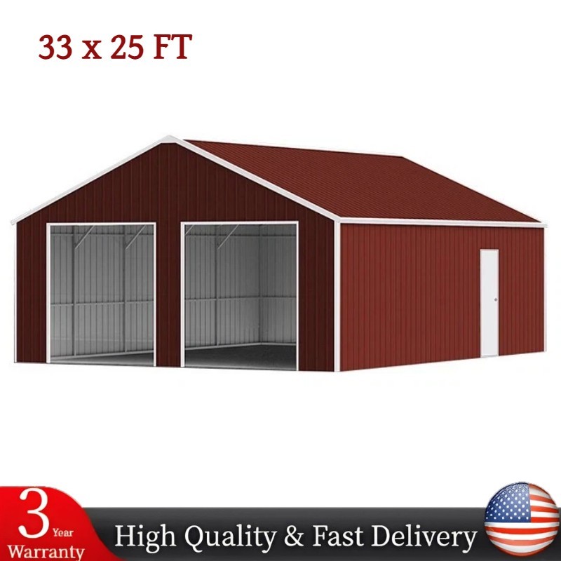 33x25FT Metal Garage Barn Outdoor Storage Shed Reinforced Steel Barn Carport Red