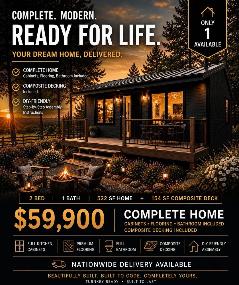 $59,900 Complete 2-Bedroom Home Package 522 SF + 154 SF Deck Bath Kitchen Floor