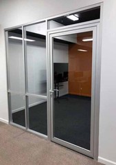CGP Office Partition System, Glass Aluminum Wall 12′ x 9′ w/ Door Clear Anodized
