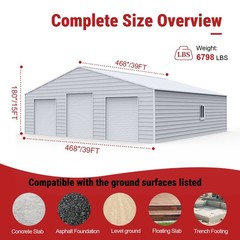 39x39x15 Metal Barn Garage Steel Building Workshop with 3 Doors Galvanized White