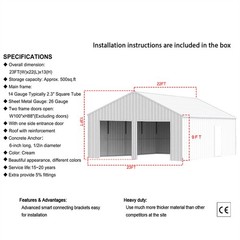 22’x23’x13′ Outdoor Barn Shed Garage Heavy Duty Galvanized Steel Storage Shed