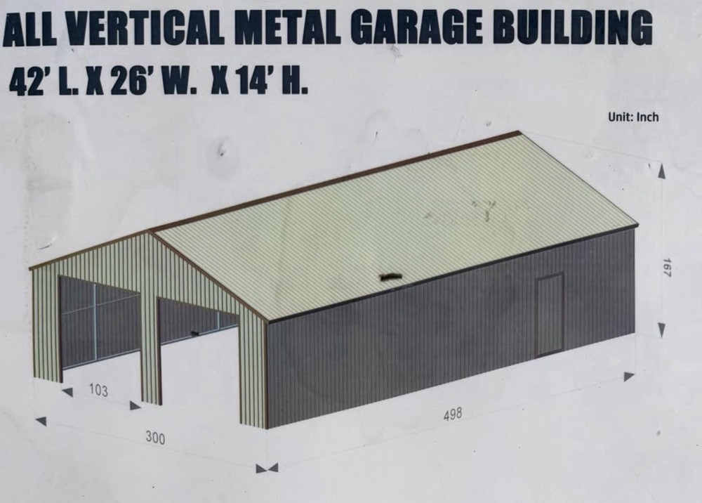 Vertical Metal Garage Building 42 ft x 26 ft x 14 ft, Car Garage, 1092 sq ft